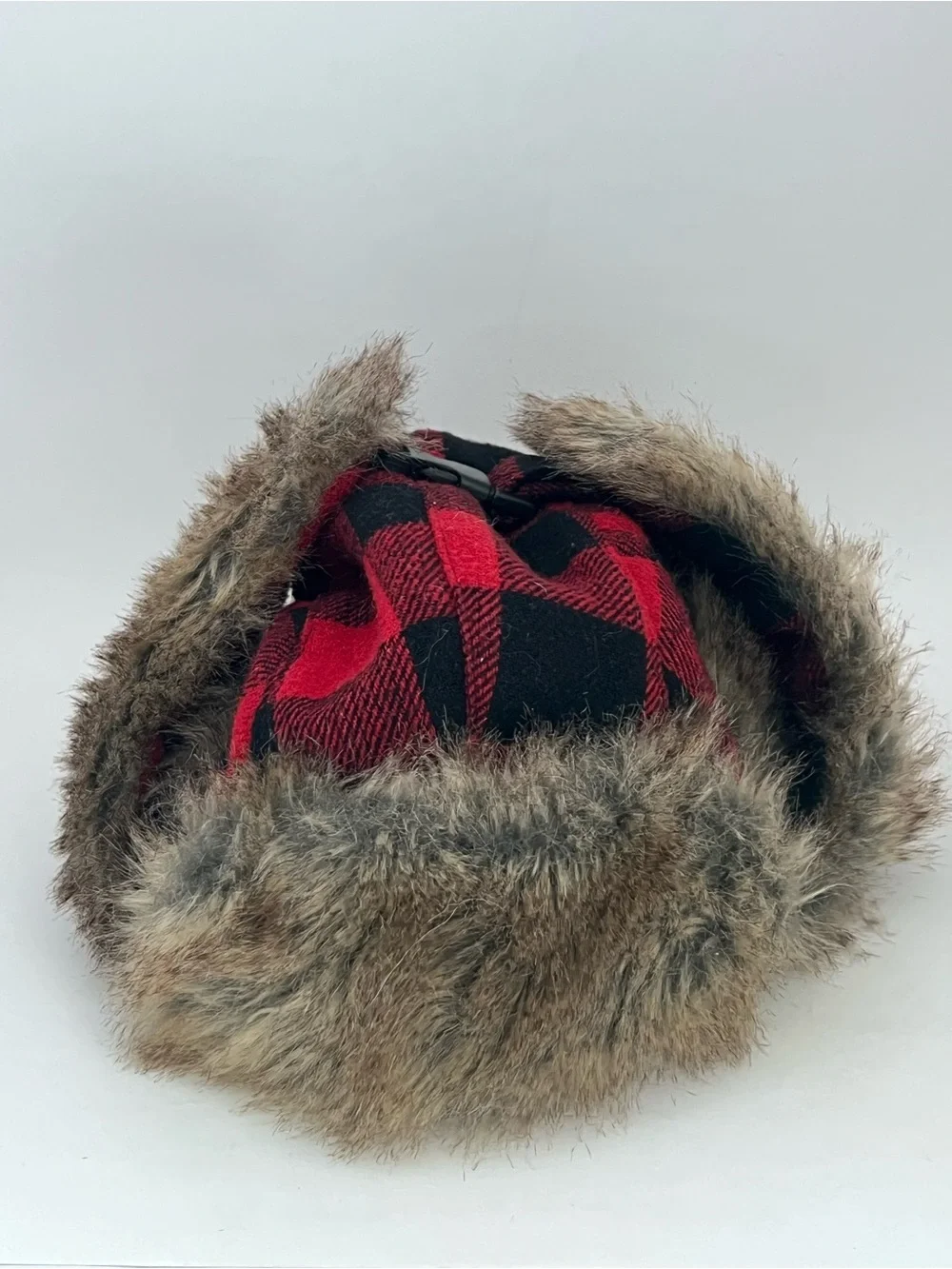 Dorfman Pacific Red Black Plaid Faux Fur Trapper Hat Adult Md